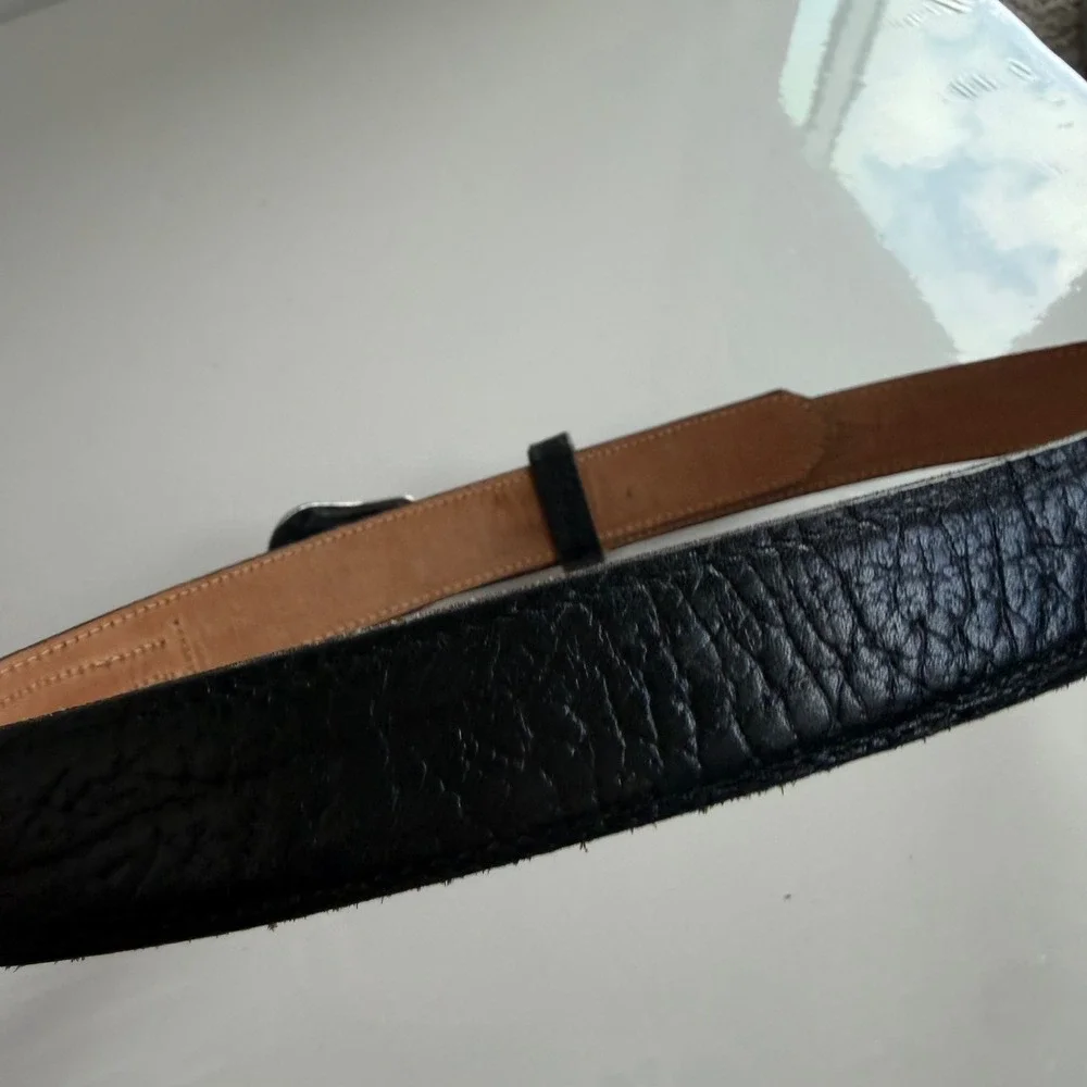 Vintage Fisher Western Style Silver-Toned Buckle Black Leather Belt